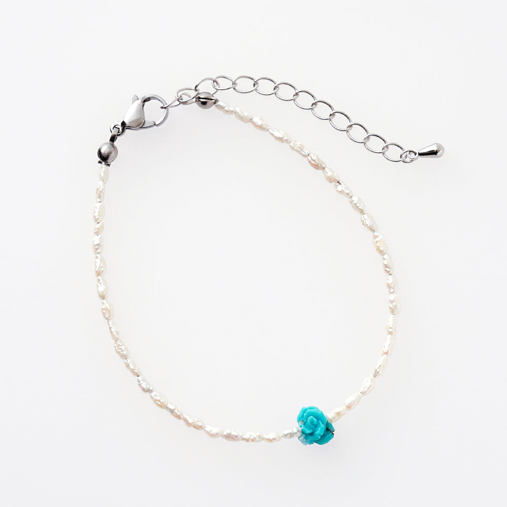 Bracelet Turquoise rose carving, poppy freshwater pearl