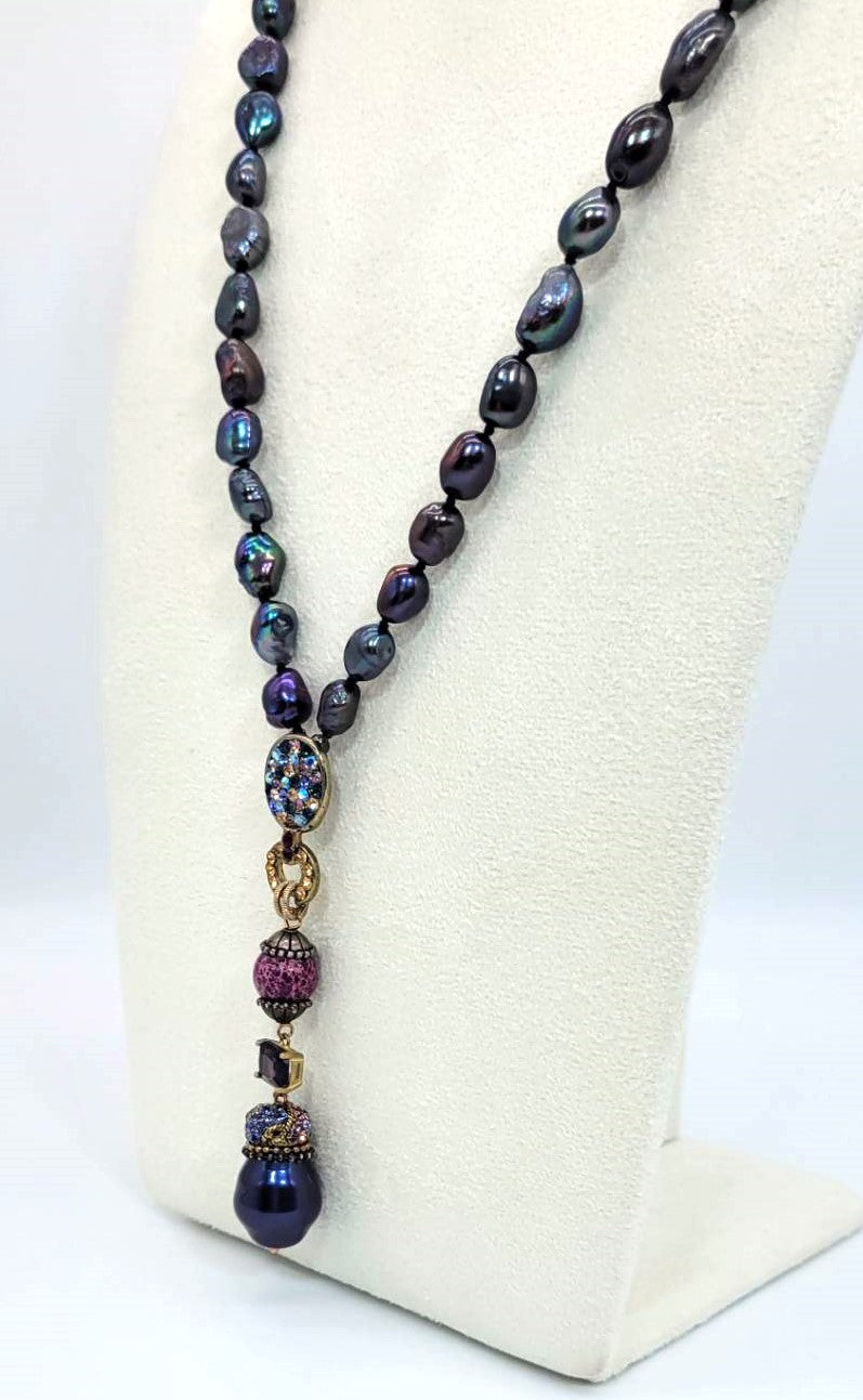 Necklace Freshwater pearl dark purple, crystal